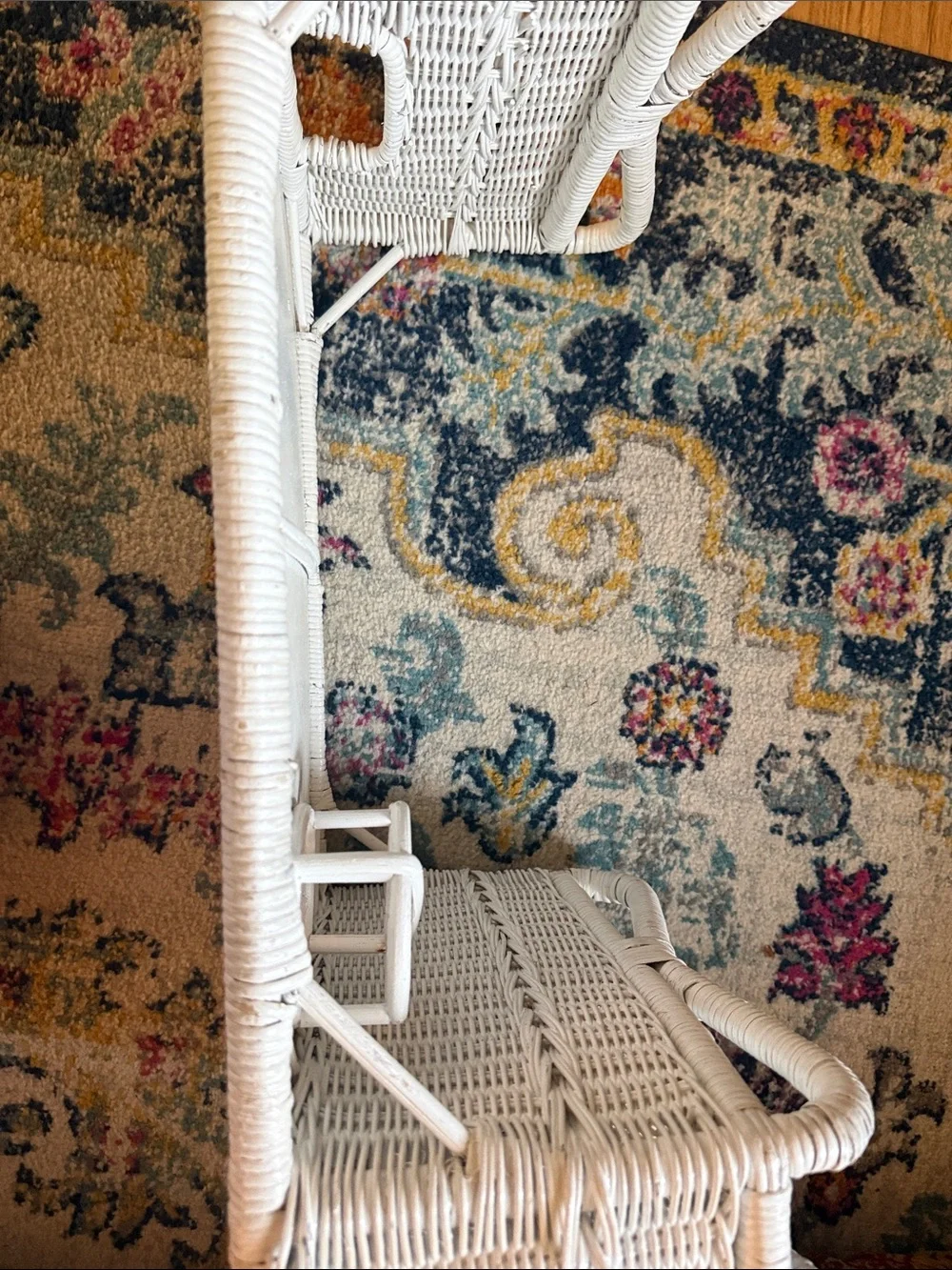 Vintage White Wicker Tray Table with Side Storage.